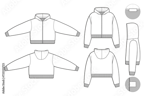 zip cropped hoodie sweatshirt flat technical drawing illustration mock-up template for design and tech packs men or unisex fashion CAD streetwear slim fit