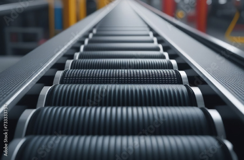 Conveyor belt inside a manufacturing site or distribution warehouse. Empty conveyor belt of production line, part of industrial equipment