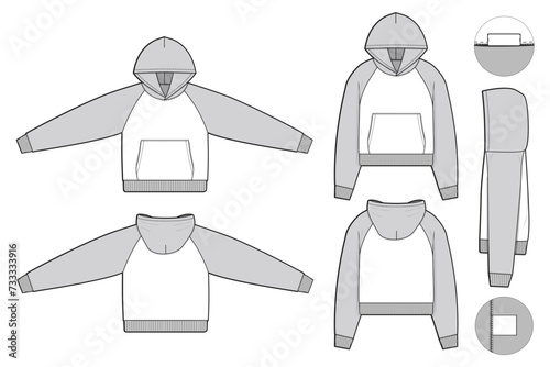 cropped raglan hoodie sweatshirt flat technical drawing illustration mock-up template for design and tech packs men or unisex fashion CAD streetwear slim fit