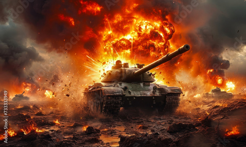 Dramatic war scene with a battle tank in action amidst fiery explosions and debris on a desolate battlefield, invoking the chaos and intensity of warfare © Bartek