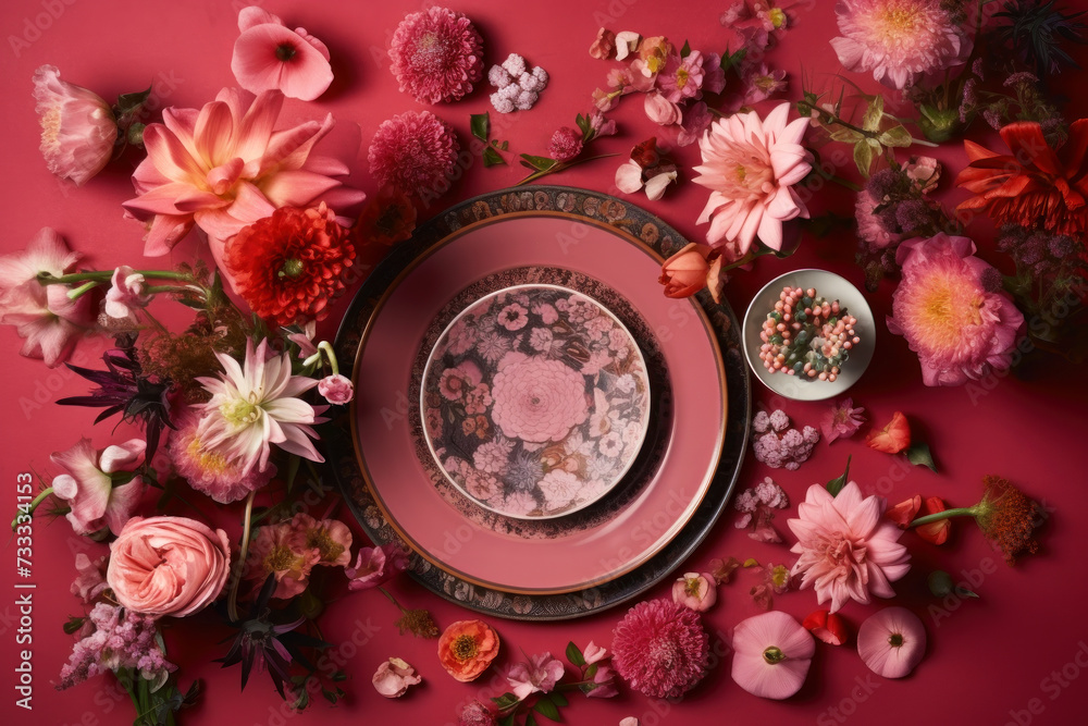 Elegant floral arrangement on a vivid backdrop with vintage ornate plates Elegant floral arrangement on a vivid backdrop with vintage ornate plates