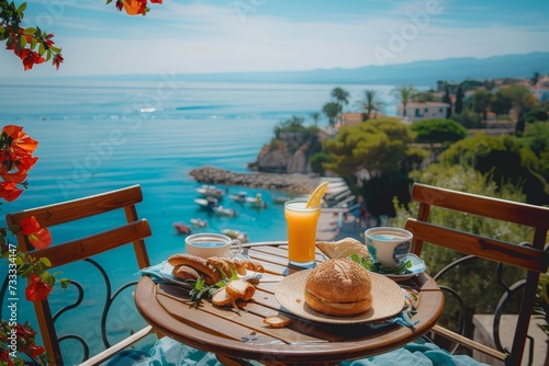A tranquil beachfront picnic awaits, with a charming outdoor table set against a breathtaking backdrop of the glistening water, adorned with delectable food and refreshing drinks, inviting you to rel photo