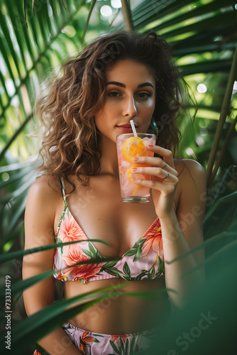 woman in bikini drinking cocktail on the beach. summer vacation. tourism. palm trees and leaves. daikiri