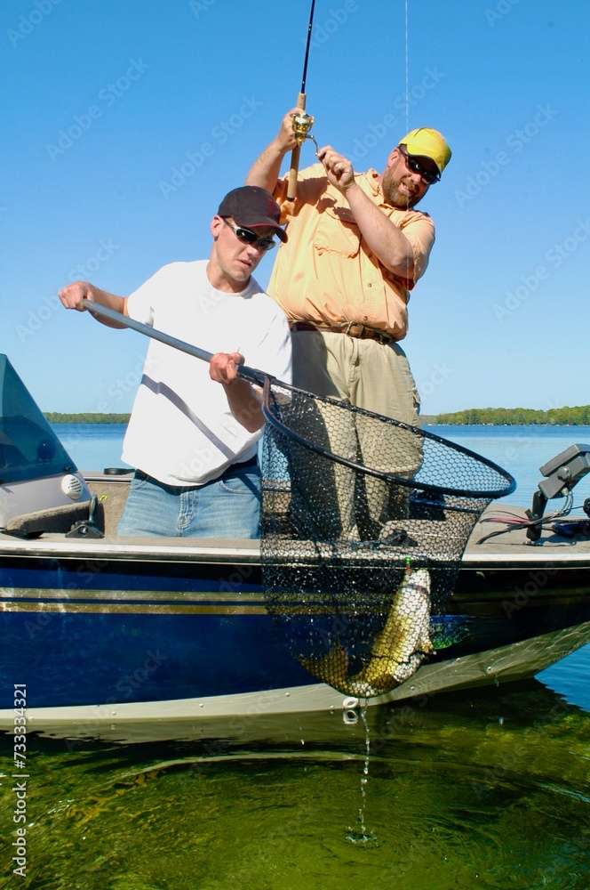 A pair of anglers netting a smallmouth bass A pair of anglers netting a smallmouth bass