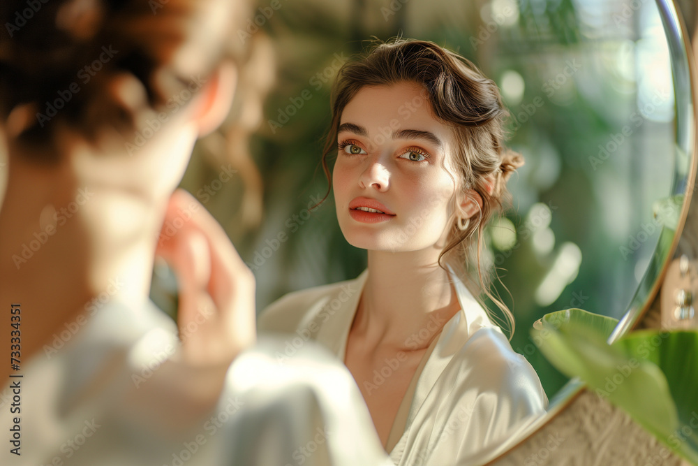 custom made wallpaper toronto digitalA young woman in a moment of reflection, looking into a mirror with a gentle, contemplative expression.