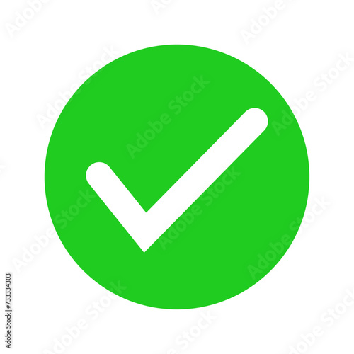 Flat round check mark green icon, button. Tick symbol isolated on white background