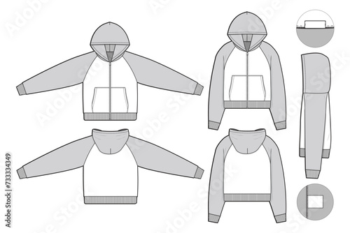 cropped zip raglan hoodie sweatshirt flat technical drawing illustration mock-up template for design and tech packs men or unisex fashion CAD streetwear slim fit