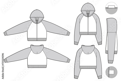 cropped zip raglan hoodie sweatshirt flat technical drawing illustration mock-up template for design and tech packs men or unisex fashion CAD streetwear slim fit