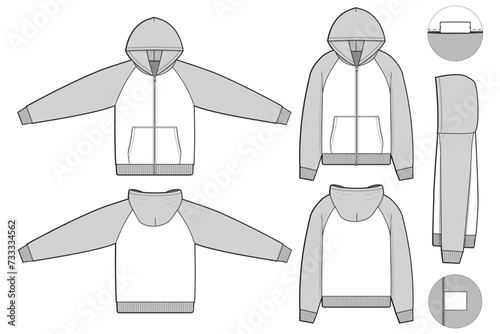 zip raglan hoodie sweatshirt flat technical drawing illustration mock-up template for design and tech packs men or unisex fashion CAD streetwear