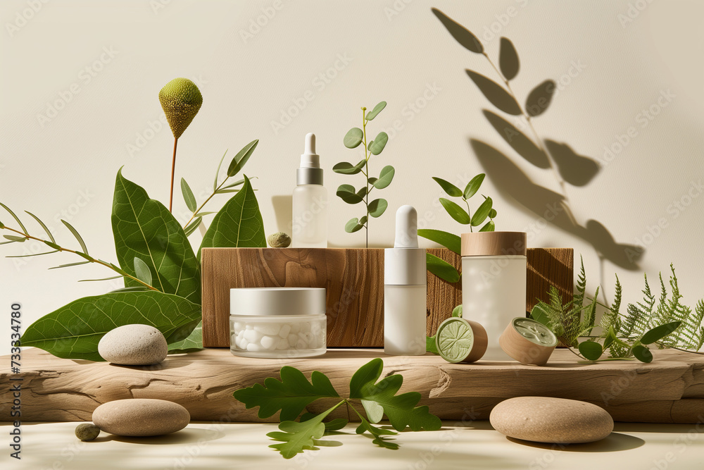 Natural Skincare Products Display, Eco-Friendly Cosmetic Arrangemen