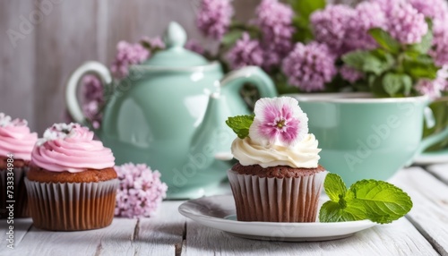 A plate of cupcakes with a green teapot and flowers in the background