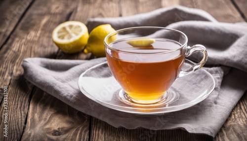 A cup of tea with lemon slices on a wooden table