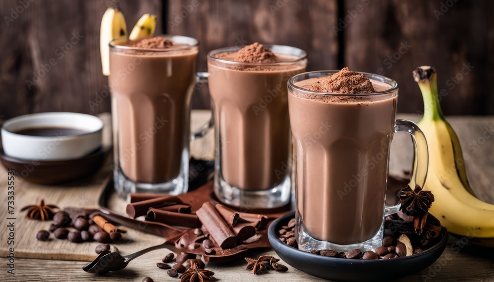 Three glasses of chocolate milk with bananas and cinnamon sticks Three glasses of chocolate milk with bananas and cinnamon sticks