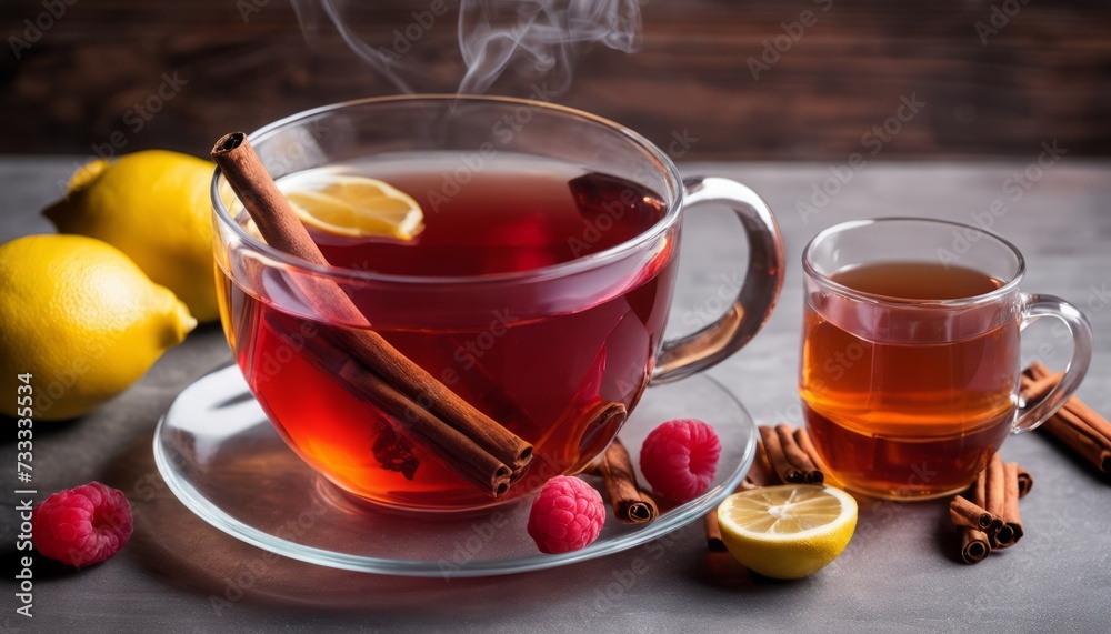 A cup of tea with a lemon wedge and raspberries A cup of tea with a lemon wedge and raspberries