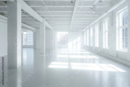 White brick open space office interior with a concrete floor.