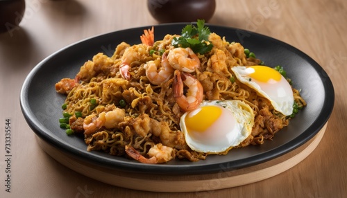 A plate of noodles and shrimp with eggs on top