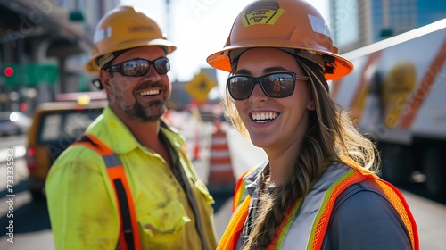 Two joyful construction workers with helmets posing in a city environment, exemplifying teamwork and professionalism.