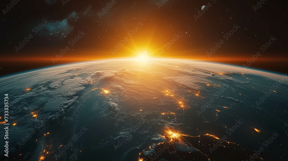 A breathtaking view of Earth from space at sunrise, with the moon and stars illuminating the atmosphere A breathtaking view of Earth from space at sunrise, with the moon and stars illuminating the atmosphere