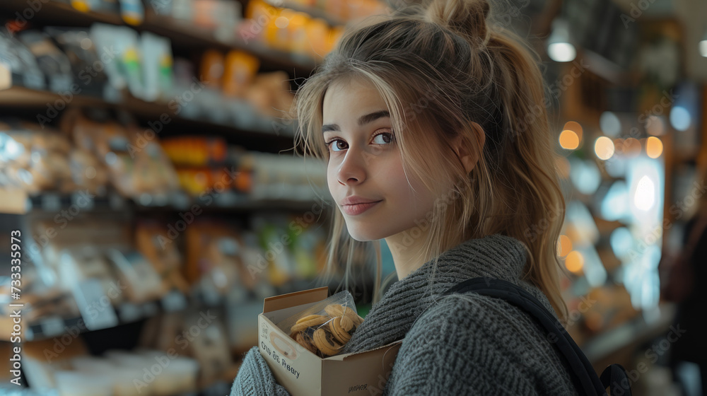 A beautiful woman buying a small box of cookies at shop,generative ai.