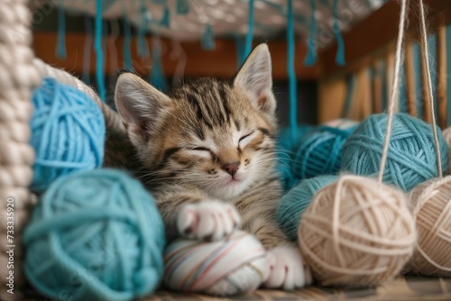 A playful felidae nestled in a cozy indoor setting, surrounded by colorful yarn balls, exuding an irresistible charm of innocence and curiosity photo