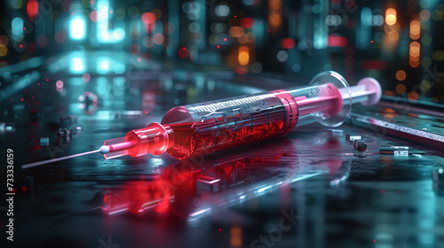 A syringe filled with blood set against a high-tech, medically equipped background, rendered in 3D with unique, illustrative details