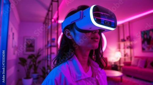Woman Wearing Virtual Reality Vision Pro Glassess Device 