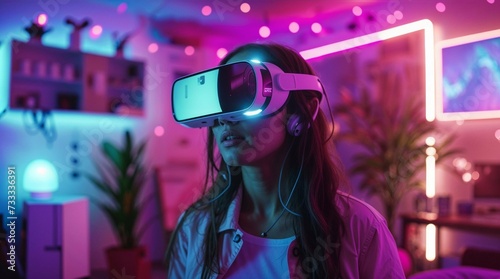 Woman Wearing Virtual Reality Vision Pro Glassess Device  © UniverseInside