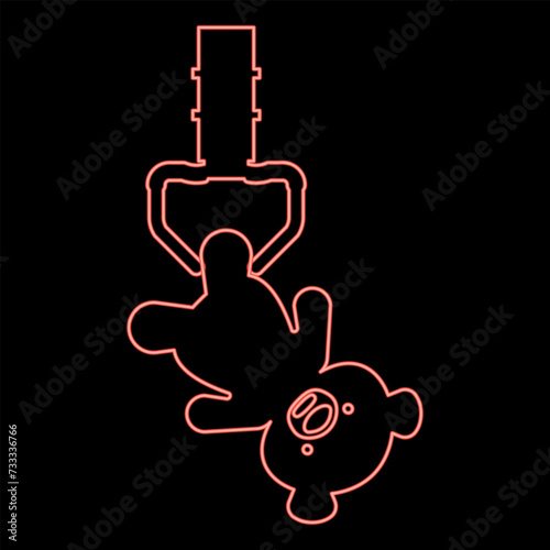 Neon prize toy manipulator hold plush bear cute doll iron hook crane claw picker for pick up red color vector illustration image flat style