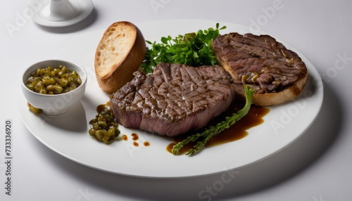 A plate of steak and vegetables on a table