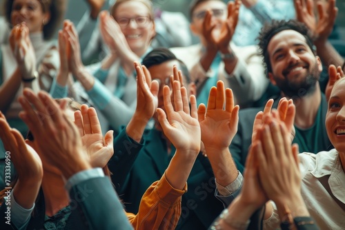 A diverse group of individuals, dressed in colorful clothing and beaming with smiles, join together to express their joy and appreciation through a synchronized clapping of hands