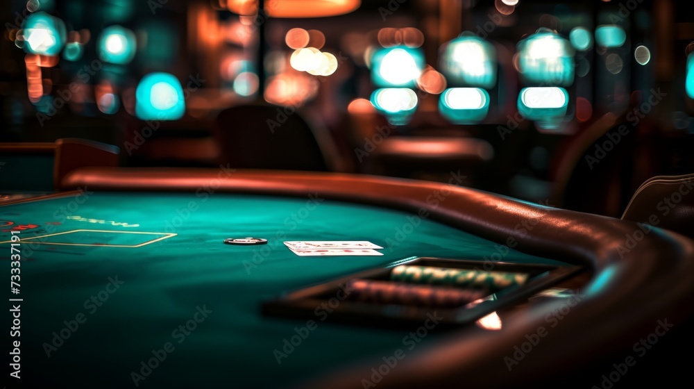 a deserted poker table in the dimly lit casino room during the quiet early morning a deserted poker table in the dimly lit casino room during the quiet early morning