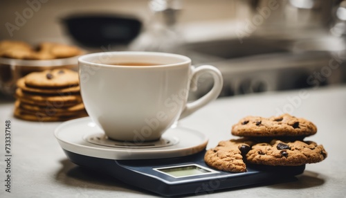 A cup of coffee and a cookie on a scale