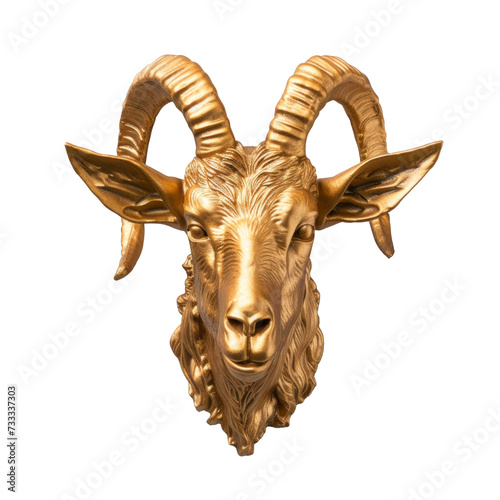 Golden or bronze head of a goat statue, transparent or isolated on white background © Teppi