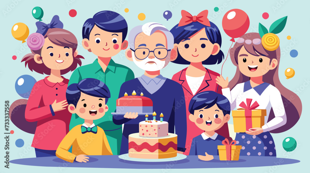 Family Celebrating Grandfathers Birthday With Cake and Gifts Family Celebrating Grandfathers Birthday With Cake and Gifts