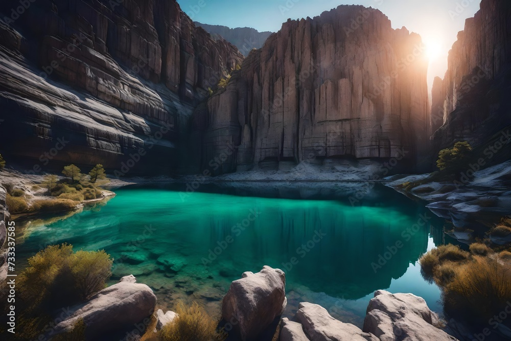 A hidden lake in a canyon, with sheer rock walls reflected in the pure waters and a sense of solitude amid the rough surroundings.