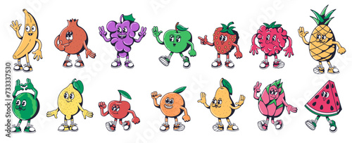 Cartoon fruit characters. Fresh fruits grocery mascots in 1930s rubber hose style isolated vector illustration set