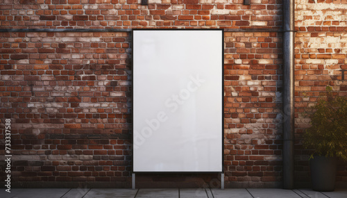 Blank, empty, white billboard on a red brick wall. Concept of mock-up, banner, advertising, advertisement, ad, copy space for logo, message, text