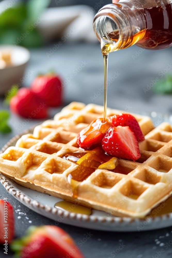 Belgian waffles with strawberries and maple syrup, breakfast Belgian waffles with strawberries and maple syrup, breakfast