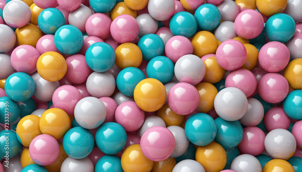 3d render. Abstract background of colorful glossy plastic balls. Cute childish minimal wallpaper