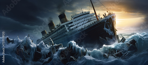 Billede på lærred a massive battleship cutting through the choppy waves  Cruising the Blue Horizon Luxury Ship Sailing on the Ocean Sinking of the RMS Titanic