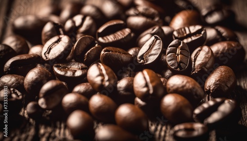 A pile of coffee beans on a wooden table