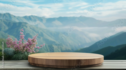 podium mockup round wooden pedestal with blur nature background. Background for natural cosmetics and branding