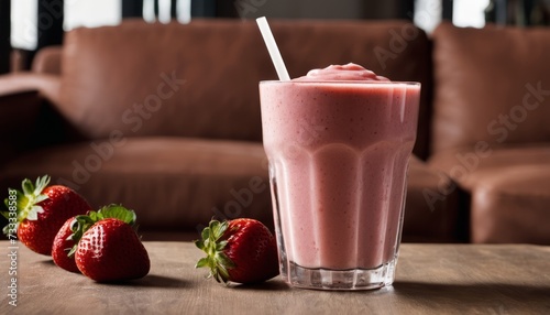 A glass of strawberry milkshake with strawberries on a table photo