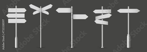 White fingerpost. Directional sign, 3D wayfinding arrows on pole isolated realistic vector illustration set photo