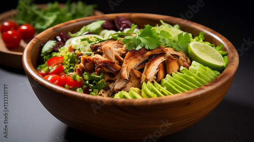 salad with Mexican rotisserie chicken served in a dish, close up. Protein-Packed Chicken Salad with Mexican Flair