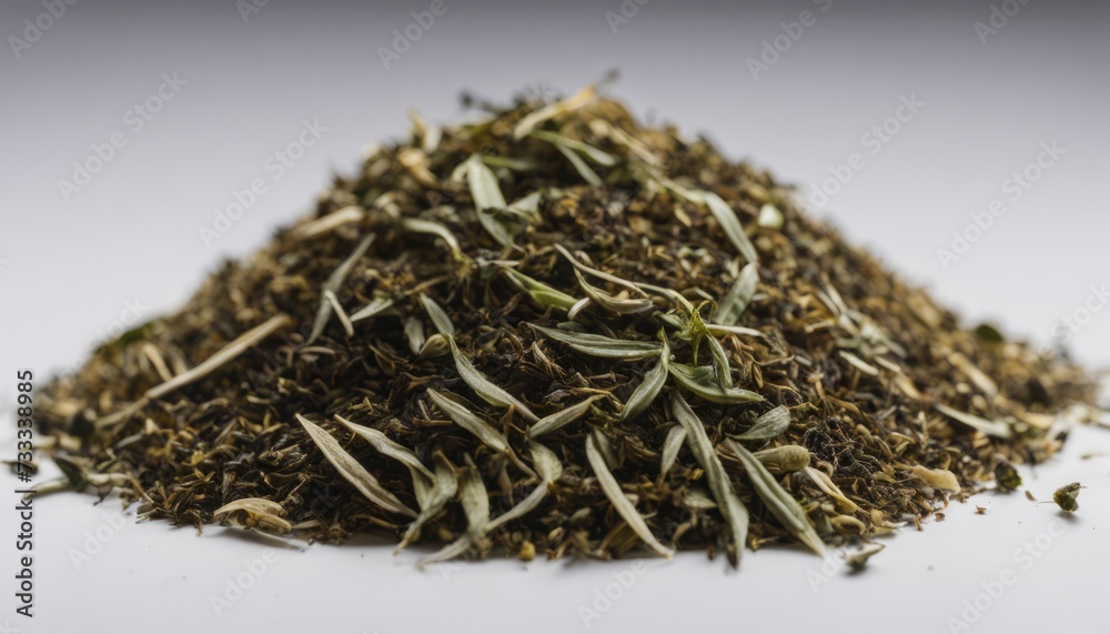 A pile of green herbs on a white background A pile of green herbs on a white background