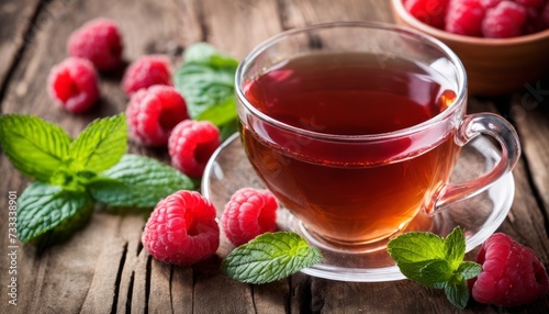 A glass of tea with raspberries and mint leaves