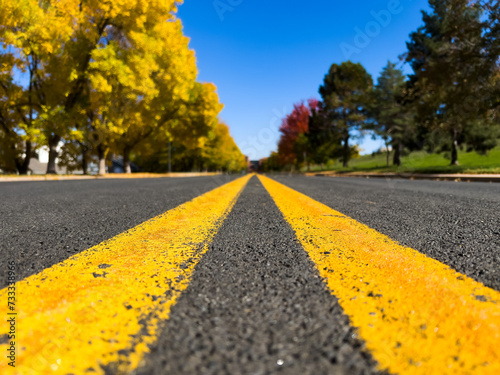 Closeup of double yellow lane lines on a road with diminishing perspective and shallow depth of field