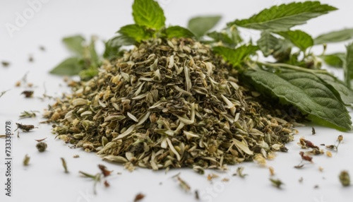 A pile of herbs on a white background