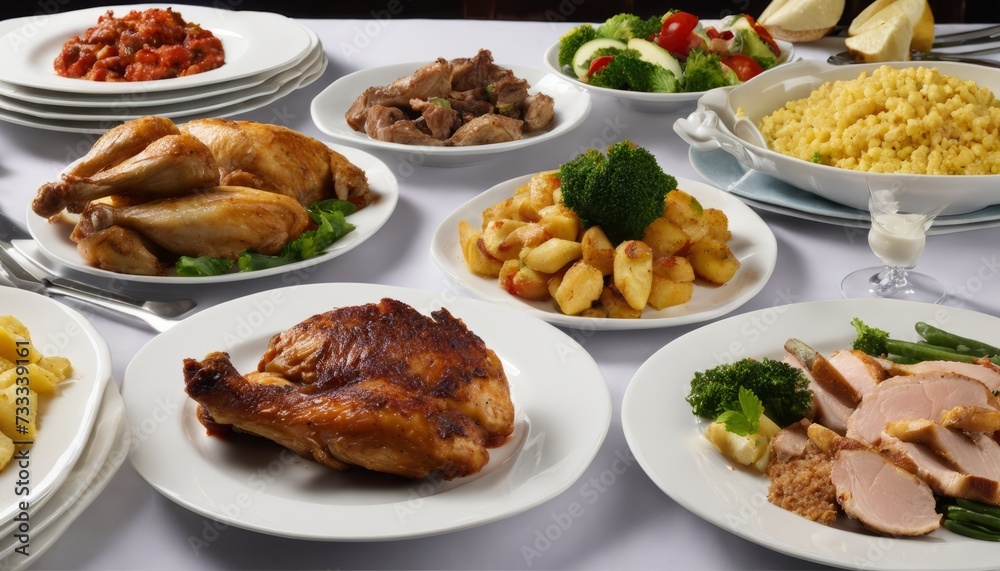 A table full of plates of food including chicken, broccoli, and potatoes A table full of plates of food including chicken, broccoli, and potatoes